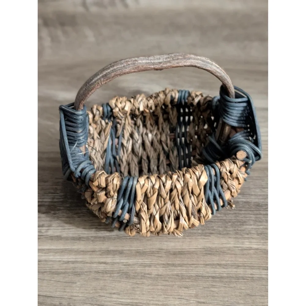Vintage Miniature Woven Basket Blueish Green & Brown Seagrass Twig Handle Rustic